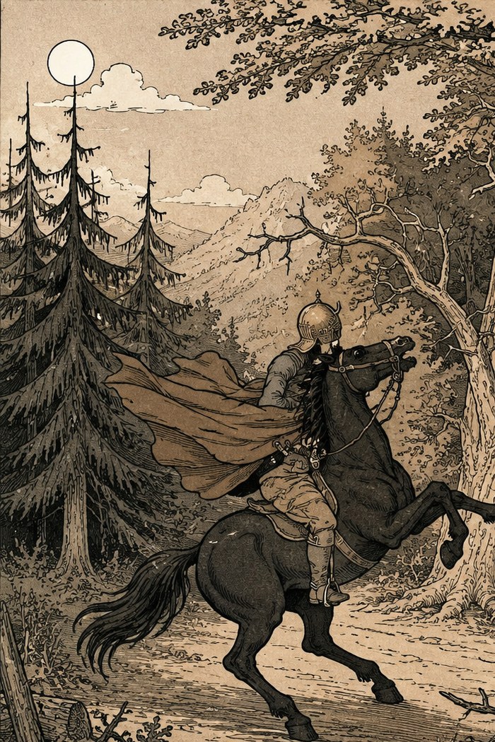 Illustrazione del cavaliere senza testa a cavallo nel bosco, al chiaro di luna