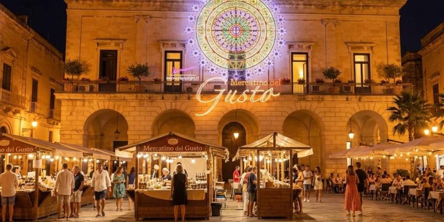 Le bancarelle del Mercatino del Gusto a Maglie di sera